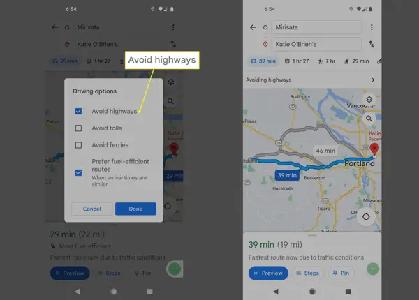 google maps avoid highways android phone
